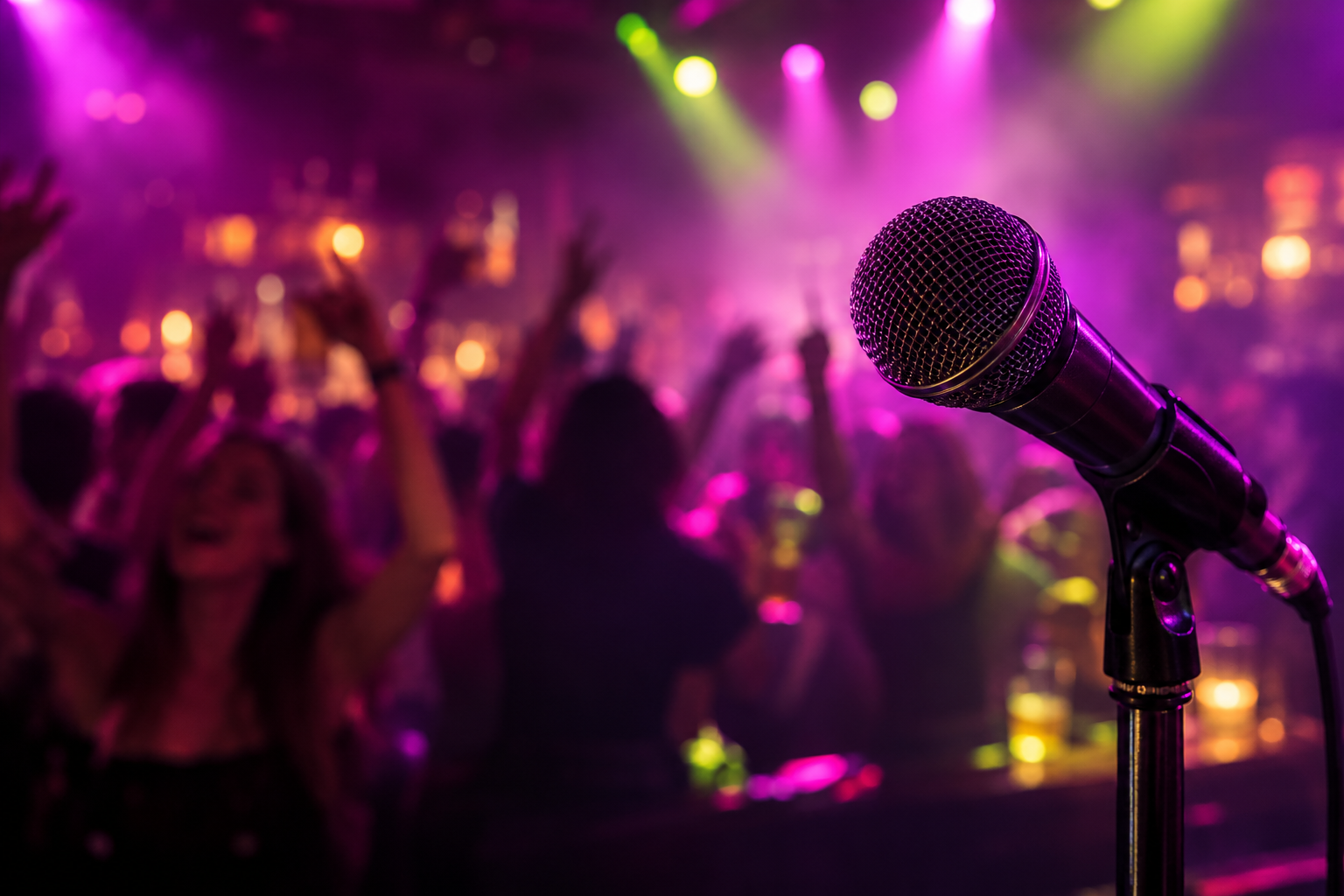 A microphone under purple stage lights with an enthusiastic bar crowd behind it